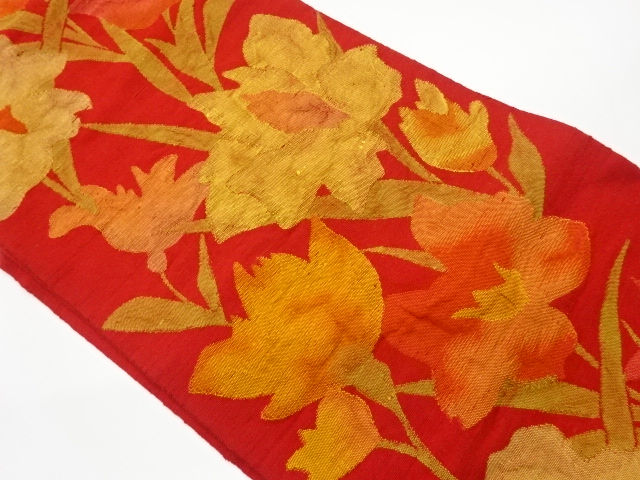 リサイクル　手織り紬花々模様織出し名古屋帯